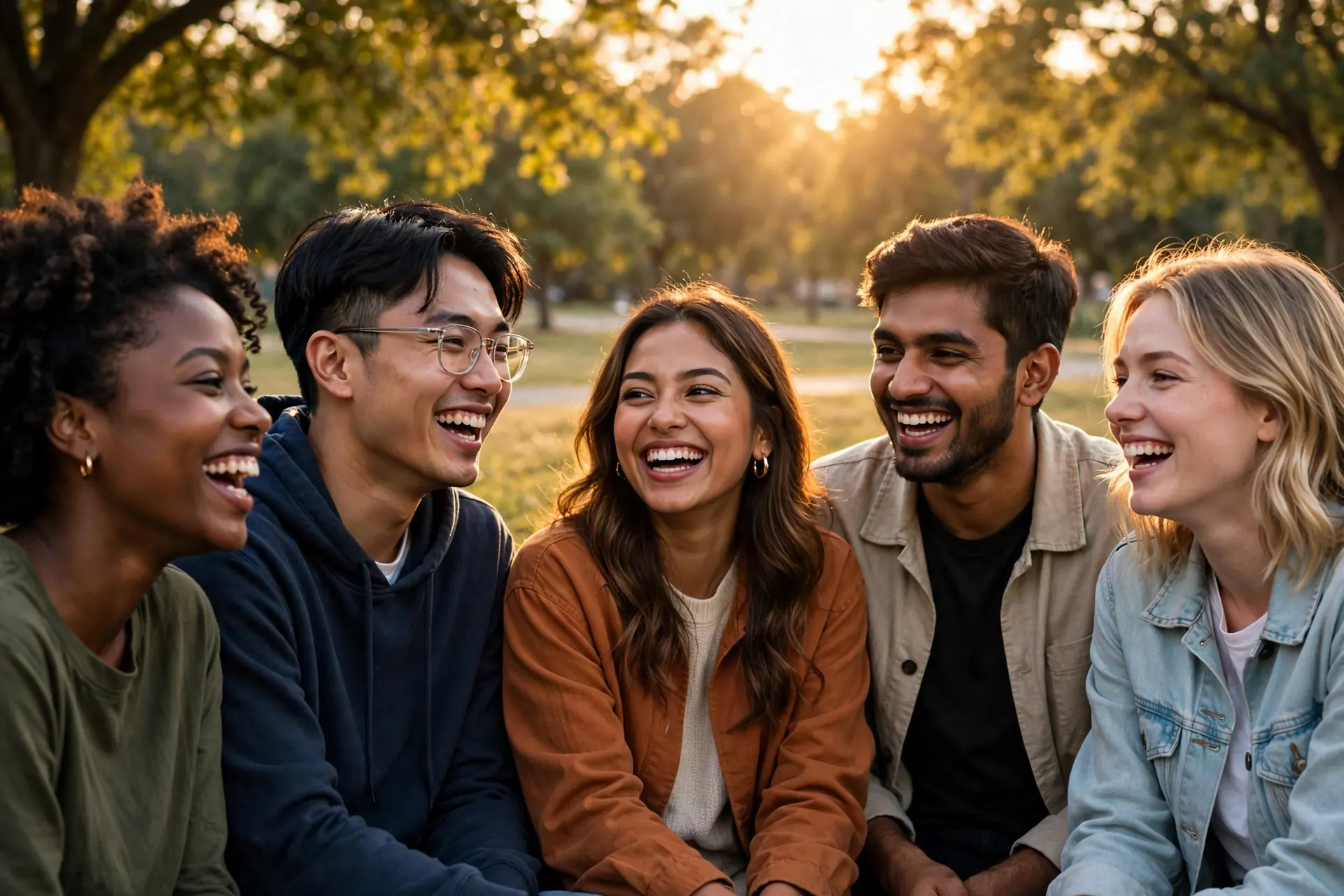 Diverse young adults smiling together outdoors at golden hour